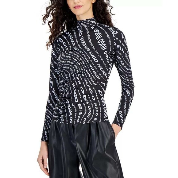 HUGO Mock Turtleneck Jersey Womens XS Black All Over Logo Print Black‎ White NWT - Picture 1 of 10